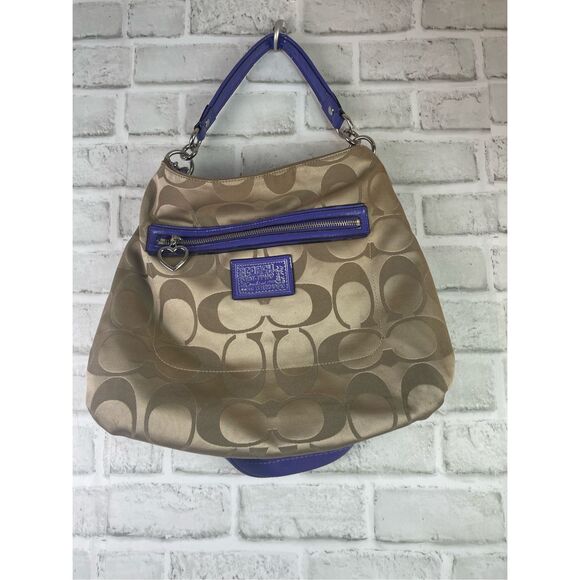 Coach Signature Stripe Hobo Bag F20064 Khaki/Blue Patent Leather Trim - Picture 14 of 16